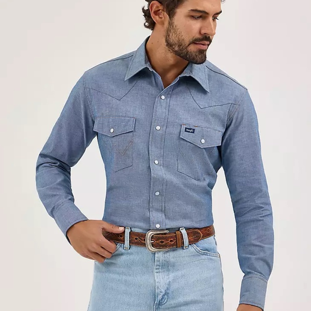 Wrangler Men’s Cowboy Cut Western Blue Chambray Work Shirt
